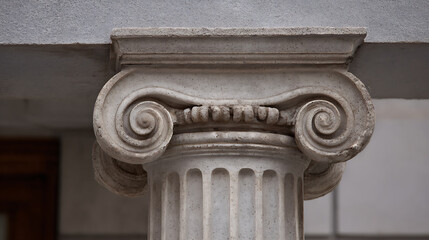 Obraz premium Close-up of a weathered stone architectural column capital with intricate volute scroll details, showcasing classical design and historical elegance