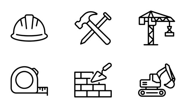 Construction Icons Set: Hard Hat, Hammer, Nails, Crane, Tape Measure, Bricklaying, Excavator, Building Tools, Industry Symbols, Vector Graphics