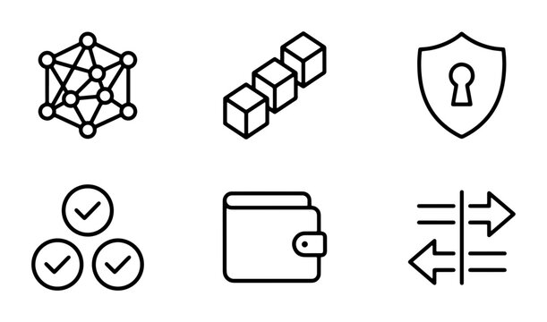 Blockchain Technology Icons, Digital Security Symbols, Cryptocurrency Wallet, Network Connection, Data Transfer, Verified Transactions, Modern Business Graphics