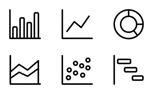 Minimalist Business Data Icons, Vector Graphic Set: Bar Chart, Line Graph, Pie Chart, Scatter Plot, Timeline, Analytics Visuals