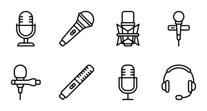 Microphone Icon Set, Audio Recording Equipment Vector Graphics, Podcast Studio Gear Collection, Sound Equipment Symbols