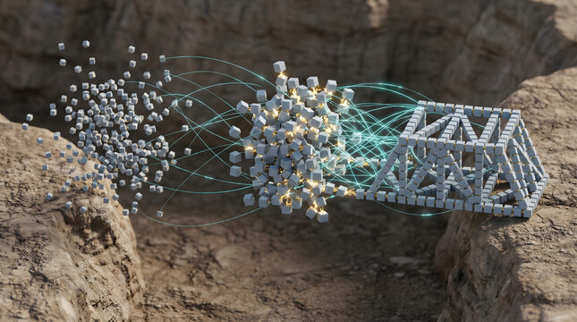 Swarm of robotic cube assembling bridge structure over rocky cliff using network signal