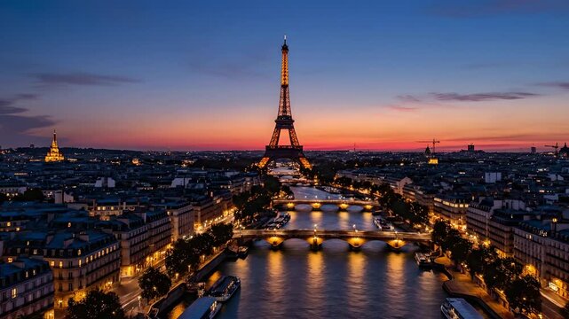 Paris Eiffel Tower sunset to night transition over Seine River. Iconic skyline aerial view with city lights illuminating for travel vlogs, European tourism, and holiday marketing.
