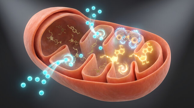 Mitochondria interior with chemical reaction enzyme and molecule in glowing 3d illustration