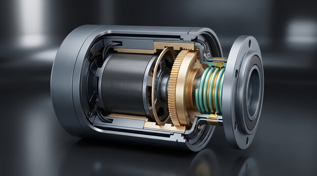 Precision electric motor cutaway view showing internal coil gear and bearing assembly