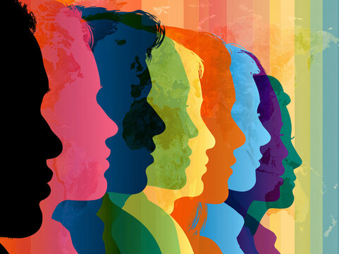 Different colors and shapes of silhouettes show diversity in faces and identities with bold designs representing unity in a creative way