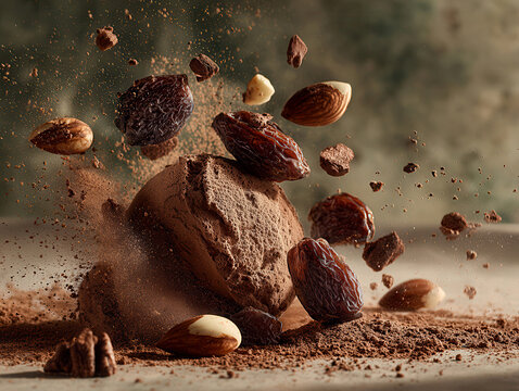 High-quality photograph of a raw vegan cacao dessert with nuts, dates, and cocoa dust Dramatic yet clean lighting Canon EOS R5 camera used with 50mm f12 lens Natural browns and mut - AI-Generated
