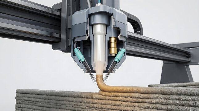 Industrial 3D printing robot head extruding material layer onto concrete textured surface structure