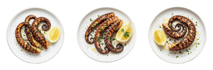 Set and collection of grilled octopus with lemon on plate isolated on white background © wrak