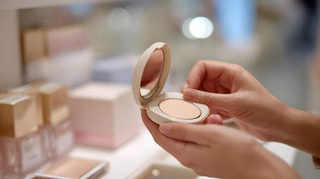 Woman's hands hold open a compact powder case with a small mirror, browsing makeup in a store with blurred cosmetic displays in the background