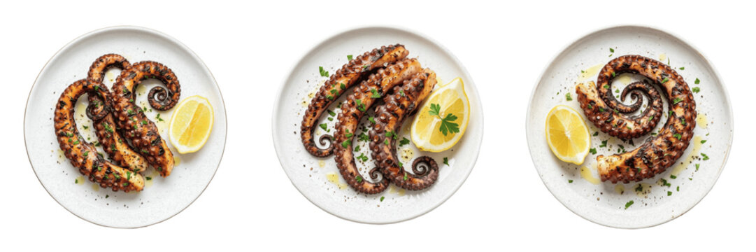 Set and collection of grilled octopus with lemon on plate isolated on white background