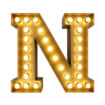 Luminous golden vintage light bulb letter N with shining incandescent illumination creating a classic theatrical marquee effect, ideal for display signs, unique events, and festive decoration