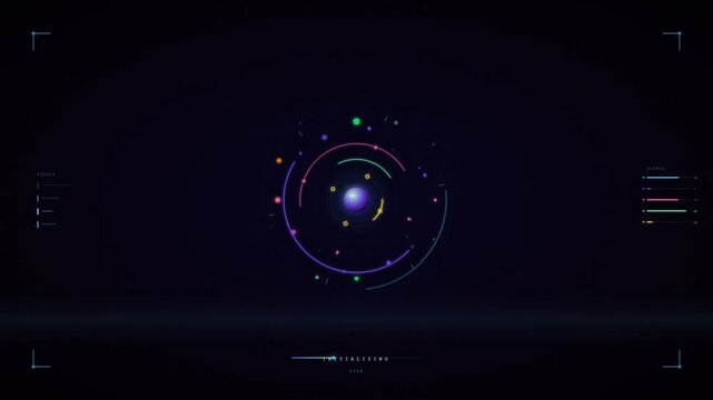 Futuristic colorful HUD interface with circular orbital elements and initializing loading screen
