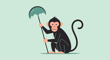 Cute monkey holding an umbrella, flat design, cartoon style, light green background © Safira