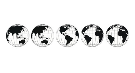 Dynamic visual compilation showcasing five distinct global perspectives of planet Earth, rendered in a sophisticated monochrome graphic illustration, emphasizing interconnectedness © Stephen
