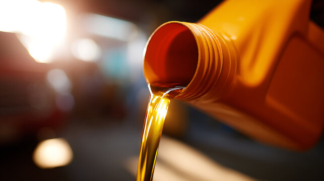 A close-up view of golden liquid fluid, likely engine oil, pouring from an orange plastic container with a sunny, bright background, suggesting maintenance or service