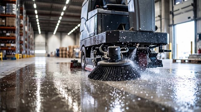 Industrial floor scrubber machine cleaning a wet warehouse floor with water spray and rotating brushes in a large storage facility with shelves and bright lights