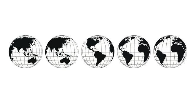 Dynamic visual compilation showcasing five distinct global perspectives of planet Earth, rendered in a sophisticated monochrome graphic illustration, emphasizing interconnectedness