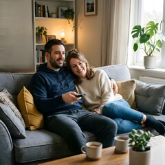 Obraz premium A couple is watching television. The scene shows the couple sitting on a gray sofa in a living room. The woman is leaning against the man, smiling as she watches the screen.