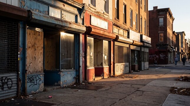 Abandoned storefronts and derelict urban buildings with boarded up windows and metal security shutters on a neglected city street during golden hour sunlight.