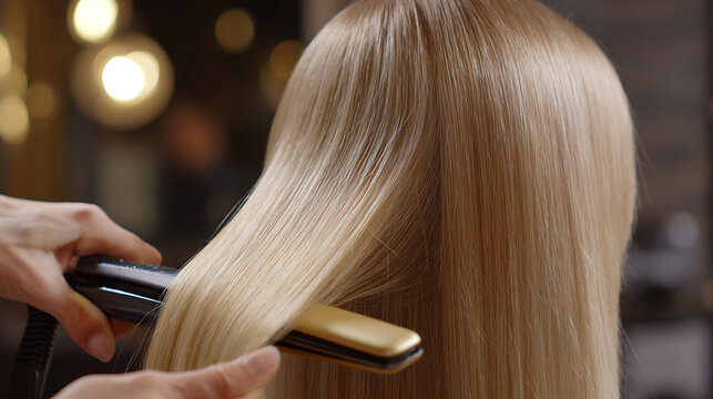 Close-up of a stylist flatten hair with a hair straightener. Professional hair care at the salon for sleek, beautiful hairstyle