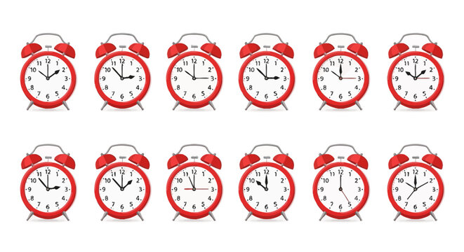 A vibrant collection of twelve classic red alarm clocks, each meticulously set to a different hour, representing the full daily cycle, punctuality, and the concept of time management