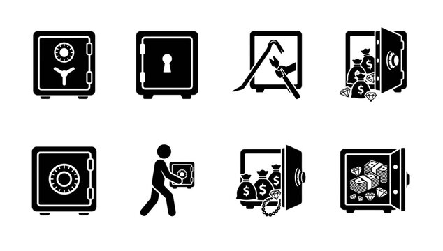 8 Bank Safe silhouette icons money bags crowbar gold bars, solid black style, financial security set