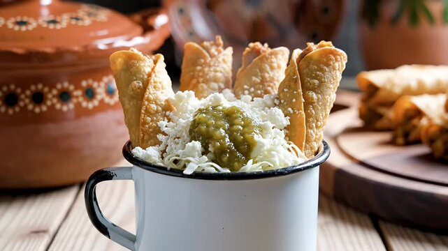 Close up of traditional mexican taquitos with salsa and cheese