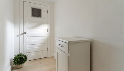 Fototapeta premium Brightly lit hallway with a white paneled door featuring a small square window, a white cabinet with a drawer, and a potted green plant on a light