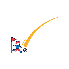 Young boy playing soccer, kicking ball near corner flag, cartoon style © atha_lintar