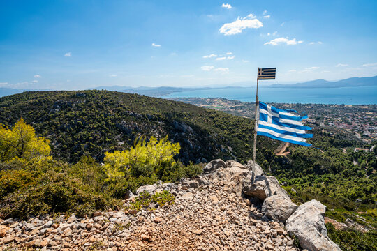 Greek Flag Viewpoint Over Politika Bay in Evia Greece
