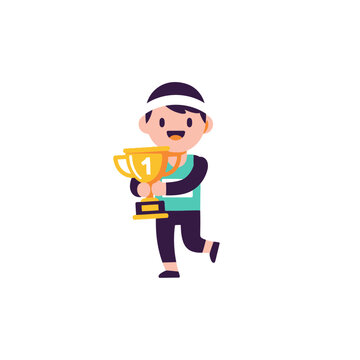 Happy Cartoon Runner Celebrates Victory with Gold Trophy and Number 1 Medal