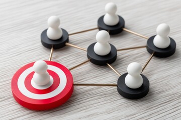 Obraz premium Strategic Business Leadership Network With Connected Team Structure And Red Target Symbolizing Influence Coordination Audience Engagement And Corporate Growth