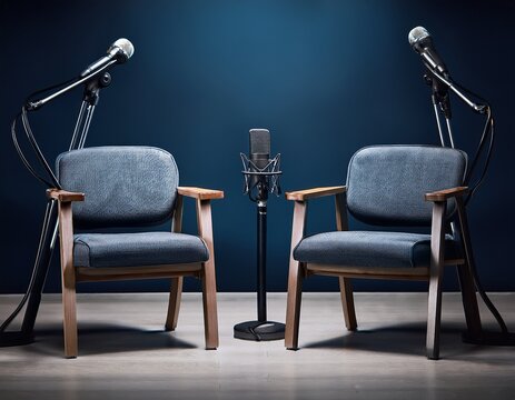 behind the scenes empty scene of two chairs and microphones stand in interview or podcast room isolated on dark navy background concept of silence after the hubbub intense preparation of the program