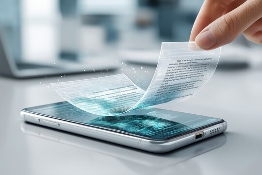 Digital Documents Emerging From Smartphone Screen Representing Paperless Office Technology Mobile Communication And Modern Business Workflow Innovation