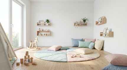 Fototapeta premium A serene playroom with pillows, toys, and shelves, bathed in natural light from a window.