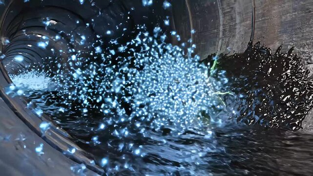 Glowing blue nanobots swarm flying through a dark sewer pipe cleaning black sludge pollution with green electrical sparks in a 3D futuristic animation