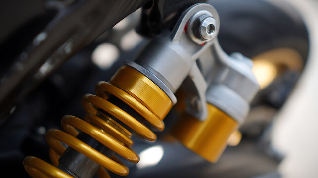 Close up view of a modern motorcycle shock absorber, featuring bright gold spring and metallic components, highlighting engineering detail and quality