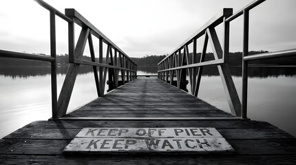 Fototapeta premium A man in a suit stands on a pier with a sign, looking out at the water and surroundings calmly.