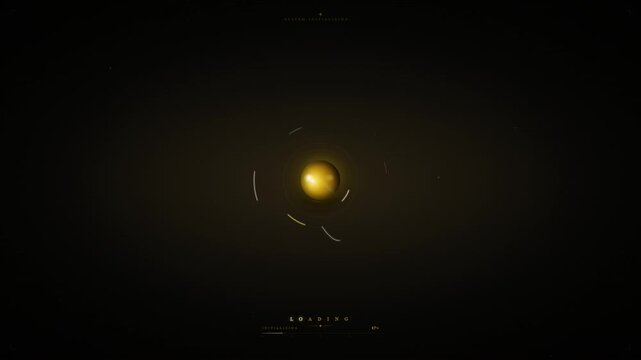 Golden sphere loading screen with system initializing animation and progress percentage display