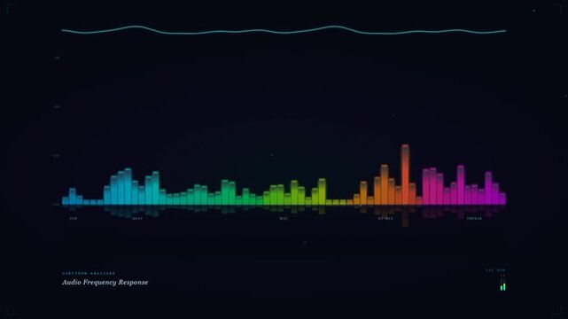 Audio frequency response spectrum analyzer with colorful equalizer bars showing sub bass mid treble
