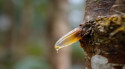 Obraz premium Close-up of golden translucent resin dripping from a tree trunk in a natural outdoor forest setting, showing the slow, natural process