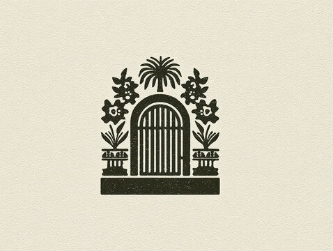 Detailed black-and-white art nouveau logo design of a classical garden gate featuring an archway, vertical slats, ornate decorative elements palm fronds, floral motifs, symmetrical io - AI-Generated
