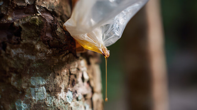 Natural amber lacquer extract drips into a plastic container from a rough tree bark, highlighting sustainable harvesting practices and natural resources