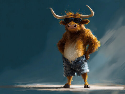 Anthropomorphic cow character in shorts and sunglasses, styled after Dreamworks Cartoonish, exaggerated design with detailed fur textures Wide mouth, large eyes, human-like nose Wear - AI-Generated