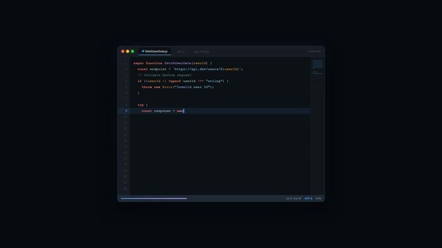 Code editor showing JavaScript fetch user data function with syntax highlighting and dark theme