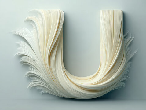 A peach calligraphic U on a white background, with brush marks and variations in opacity, soft lighting, and an abstract expressionist sculpture of intertwined white ribbons forming a - AI-Generated
