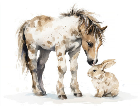 Andalusian foal and bunny interacting in a serene watercolor scene, pastel spring palette, layered transparent washes, paper texture visible, soft color diffusion, isolated on white bac - AI-Generated