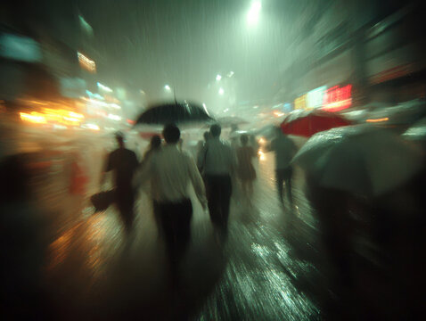 Nighttime, crowded Hong Kong street during rain Shallow depth of field, overexposed faces, horizontal motion blur due to camera movement Umbrellas in various colors black, red, white - AI-Generated