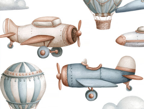 Soft, pastel colored kawaii-style clipart of various aircraft against a light background with cloud-like stripes Centered is an open-cockpit biplane in white, blue, and yellow with sta - AI-Generated